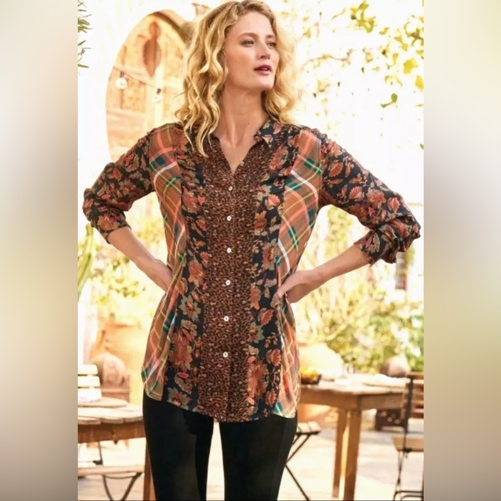 Soft Surroundings Icon Mixed Print Longsleeve  Button Down Tunic Top Size XS - Picture 6 of 6
